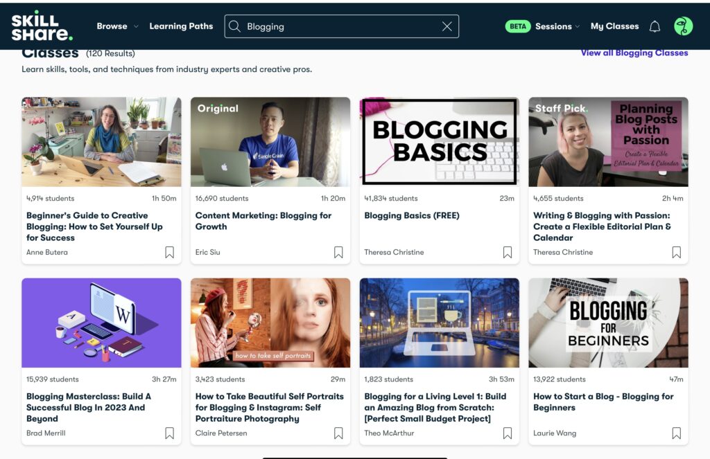 Some blogging courses offered by Skillshare