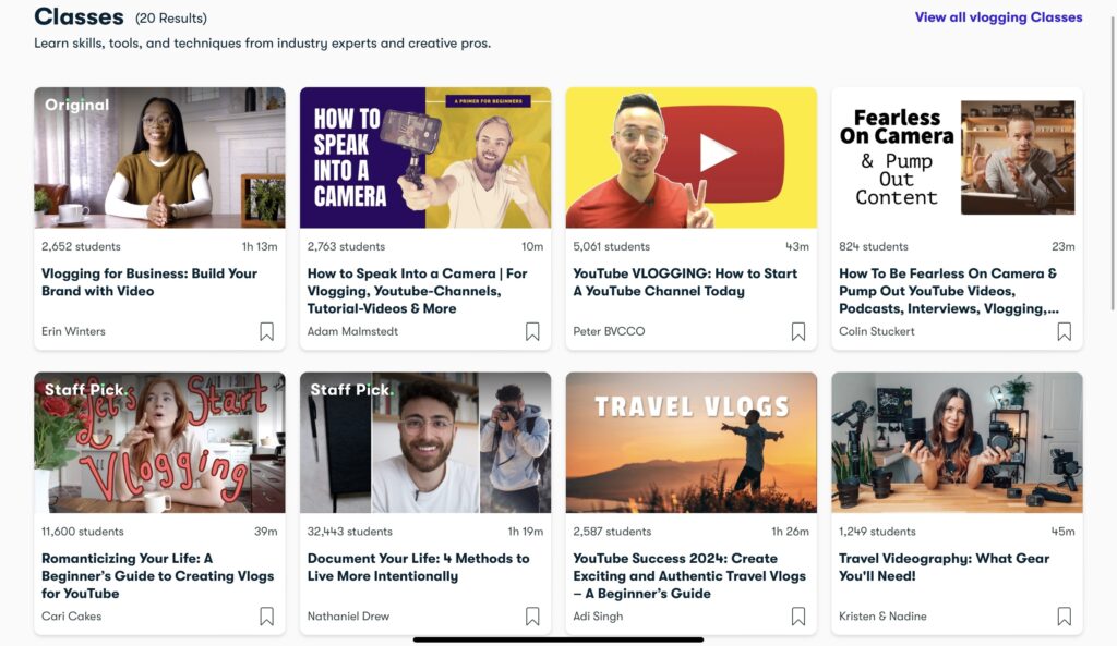 Just a few of the vlogging classes offered to creatives by Skillshare