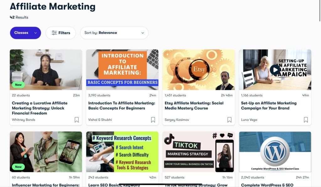 Some affiliate marketing courses on the Skillshare platform