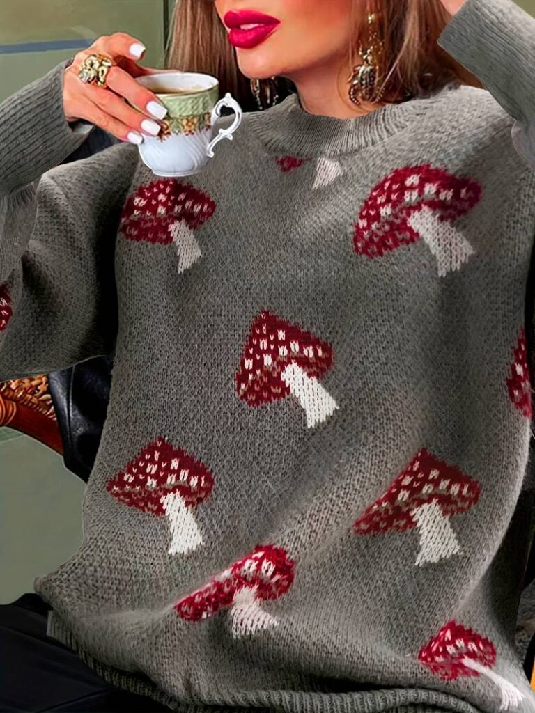 GREY SWEATER WITH RED AND WHITE MUSHROOM DETAILS