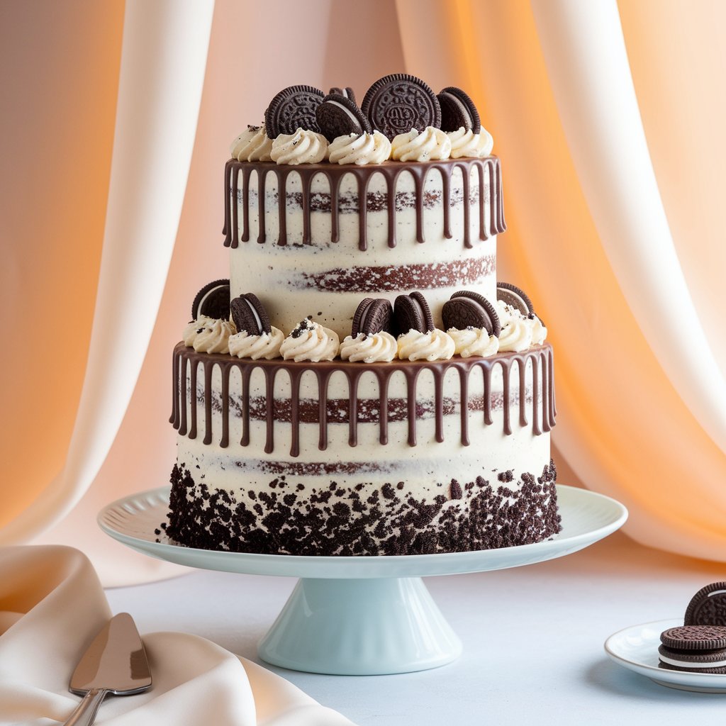 A fun and indulgent cookies and cream wedding cake, featuring Oreo buttercream and chocolate cookie crumbs. The cake has a semi-naked frosting style with whole Oreos and chocolate drizzle on top.