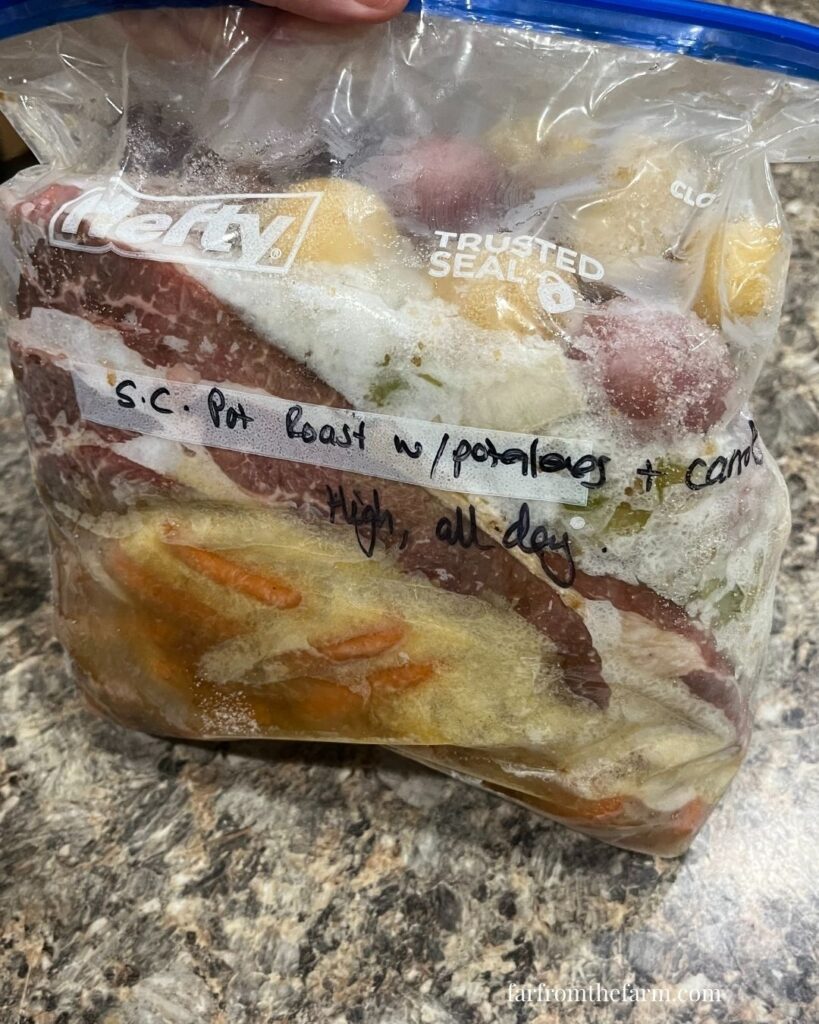 Make Ahead Slow Cooker Freezer Meal Beef Pot Roast With Potatoes, Carrots and Mustard Gravy!