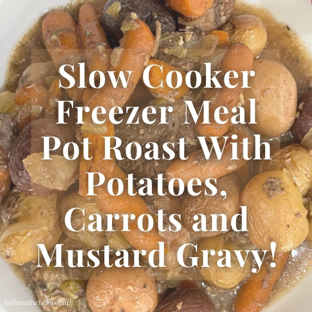 Make Ahead Slow Cooker Freezer Meal Beef Pot Roast With Potatoes, Carrots and Mustard Gravy!