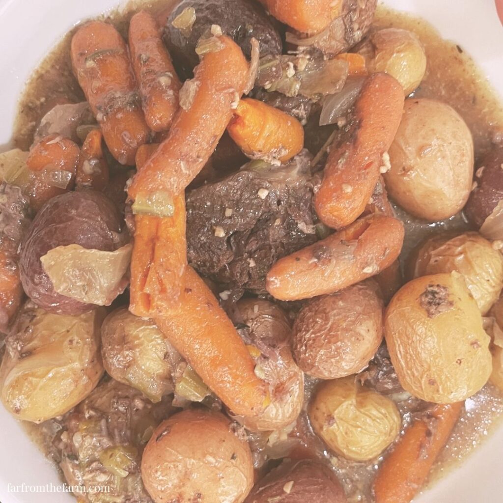 Make Ahead Slow Cooker Freezer Meal Beef Pot Roast With Potatoes, Carrots and Mustard Gravy!