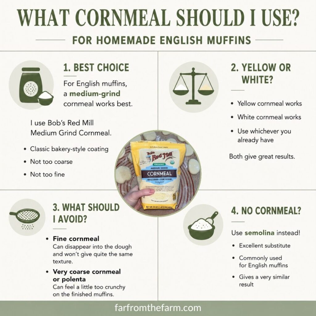 Guide and infographic for what type of cornmeal or semolina should you use for homemade English Muffins? English Muffin Troubleshooting with Far From The Farm farfromthefarm.com