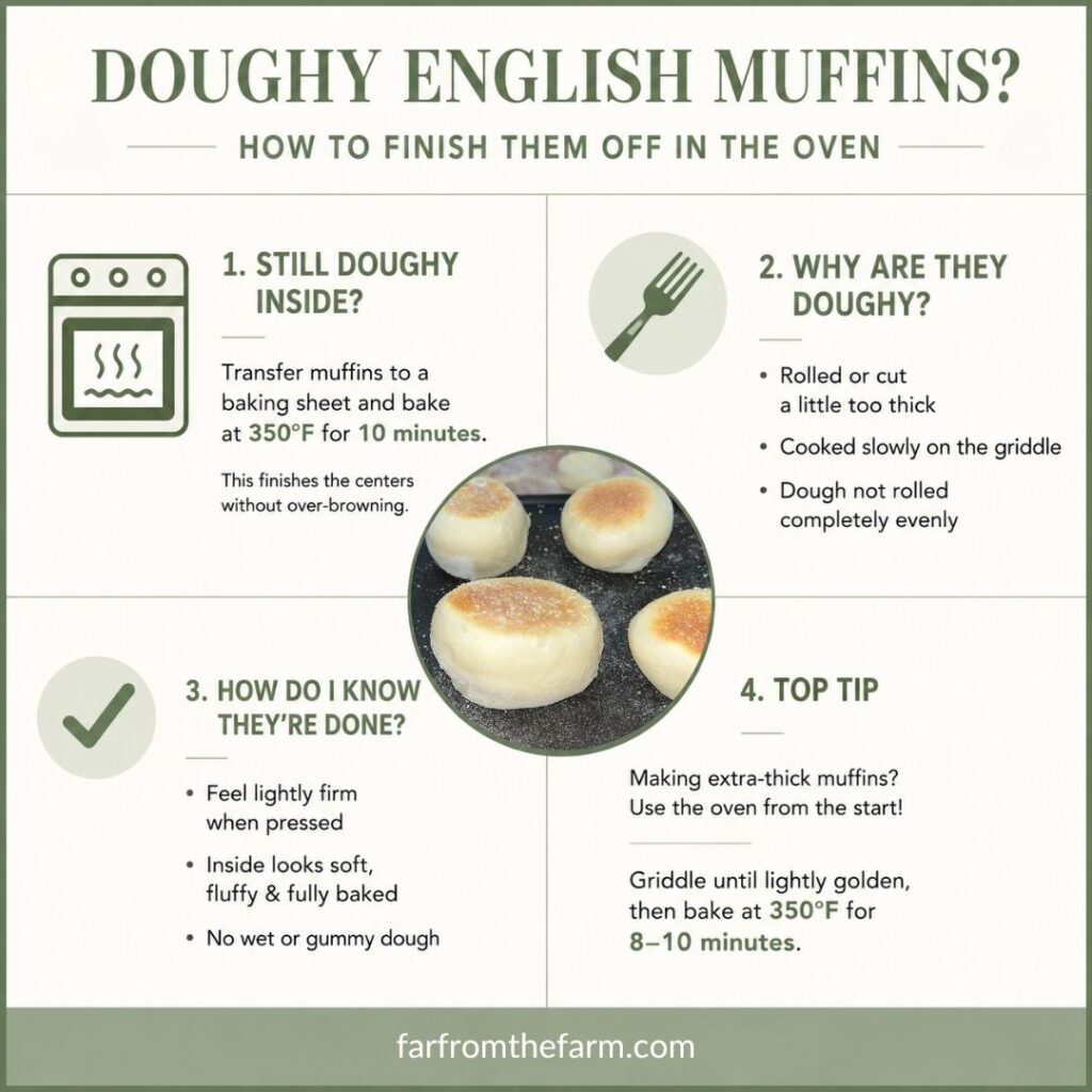 English muffin troubleshooting guide explaining how to bake doughy homemade English muffins in the oven at 350°F for 10 minutes, common causes of undercooked centers, and how to tell when English muffins are fully cooked. (KitchenAid English Muffin Recipe - Cooked on an Electric Griddle! by farfromthefarm.com)