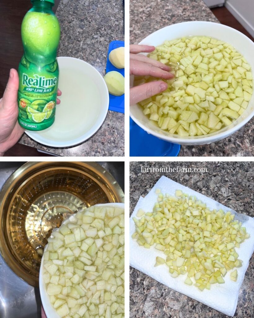 Prevent the cut apple pieces from browning by placing them into a bowl with water and a little lemon or lime juice. Make sure to thoroughly drain them and dry them before adding to the cookie mixture. The Best Apple Pie Cookies with White Chocolate Chips Recipe!
